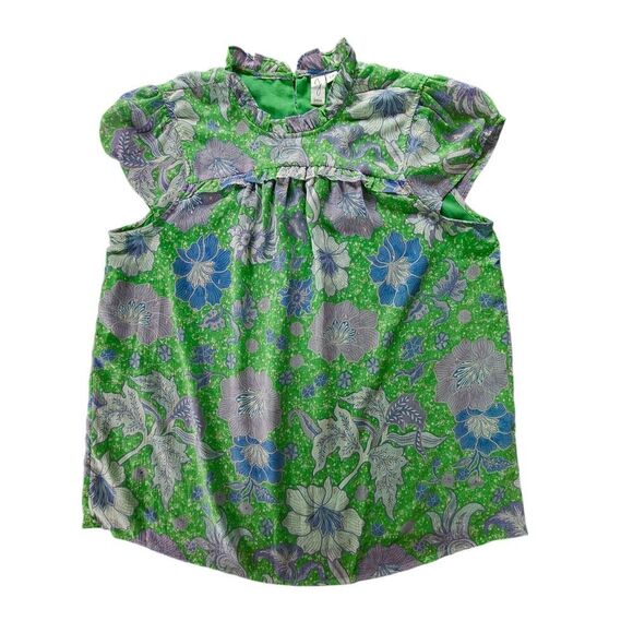 JOIE Tops - Joie Top Blouse Womens Large Green Floral Ruffles Lined Bloom Cottage Cap Sleeve